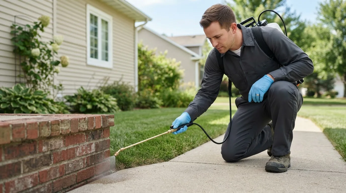Pest control technician treating a home near Iron Mountain, MI